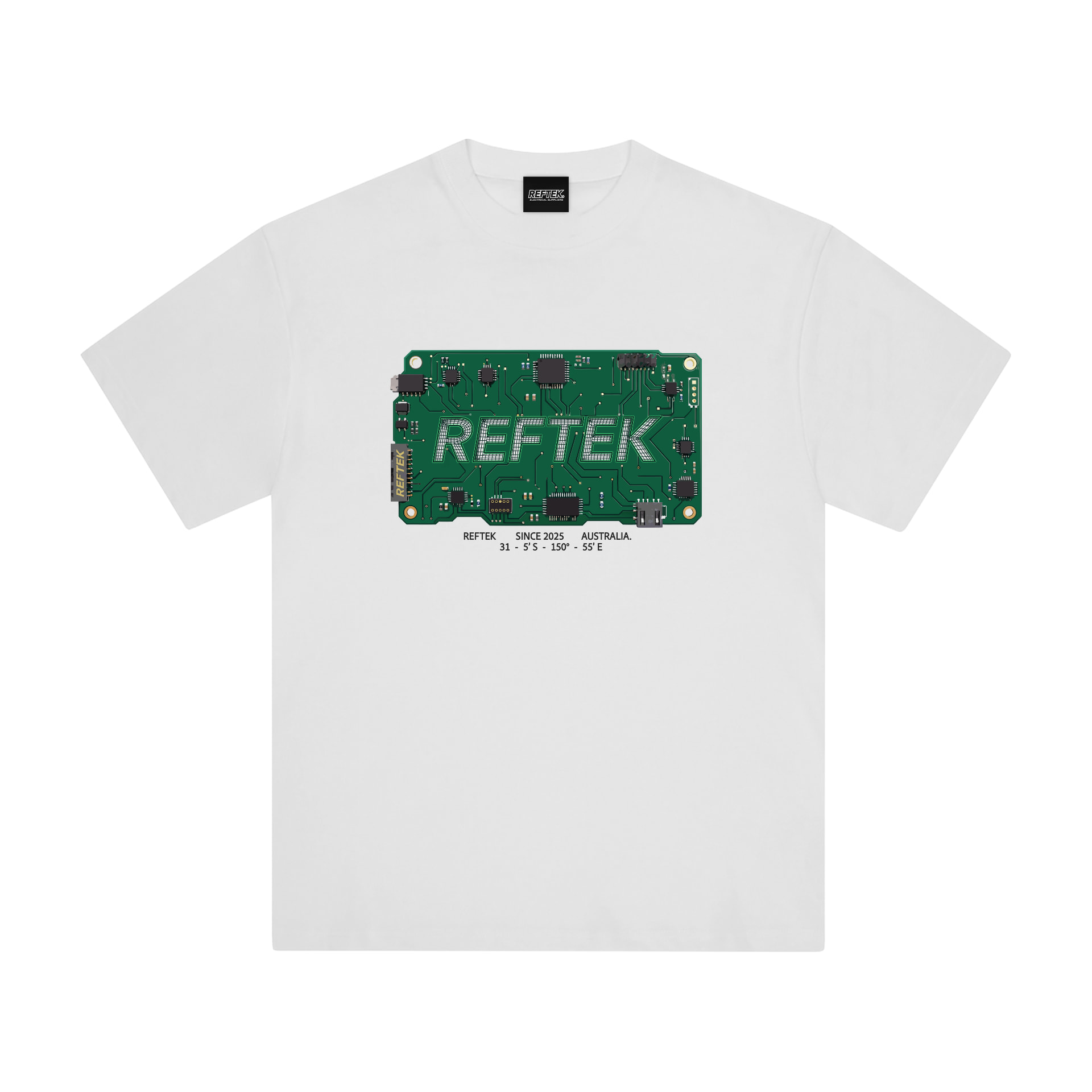 White Reftek Circuit Tee with circuit board graphic