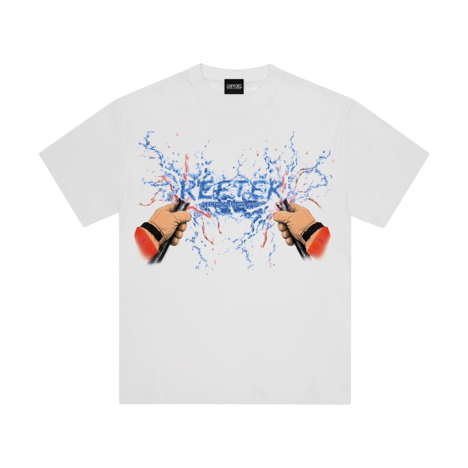 White Reftek Live Wire Tee with illustrated electrical sparks