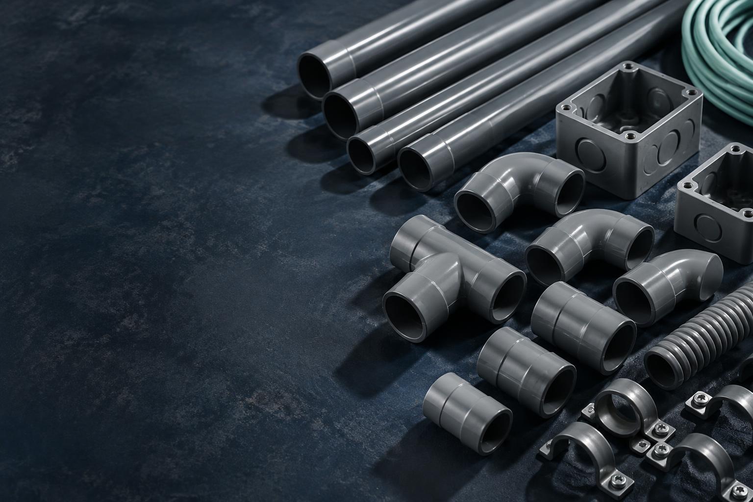 PVC conduit and electrical fittings arranged on an industrial work surface